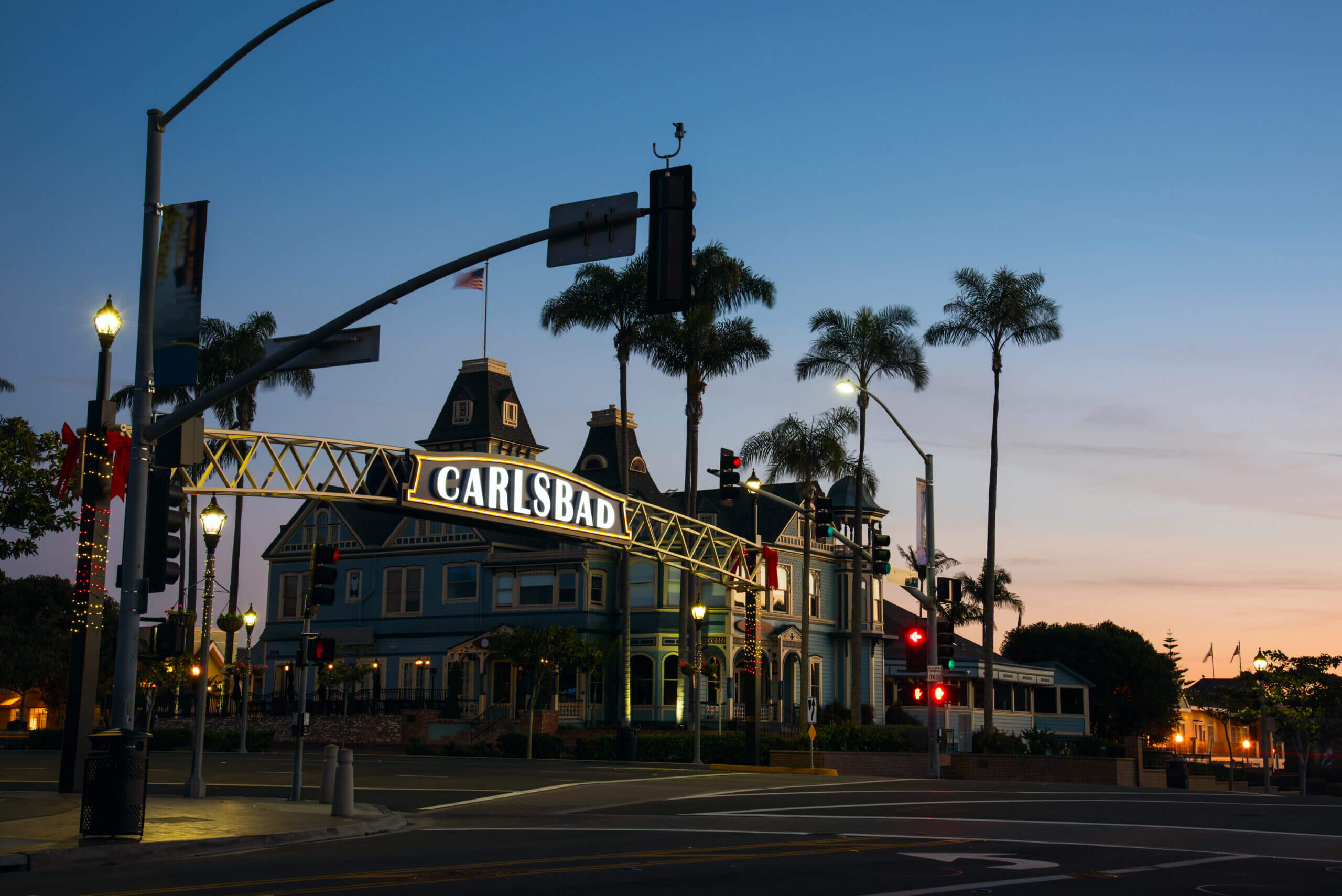 Carlsbad, United States - January 15, 2015: The sign spanning Highway 101 in coastal Carlsbad, California.