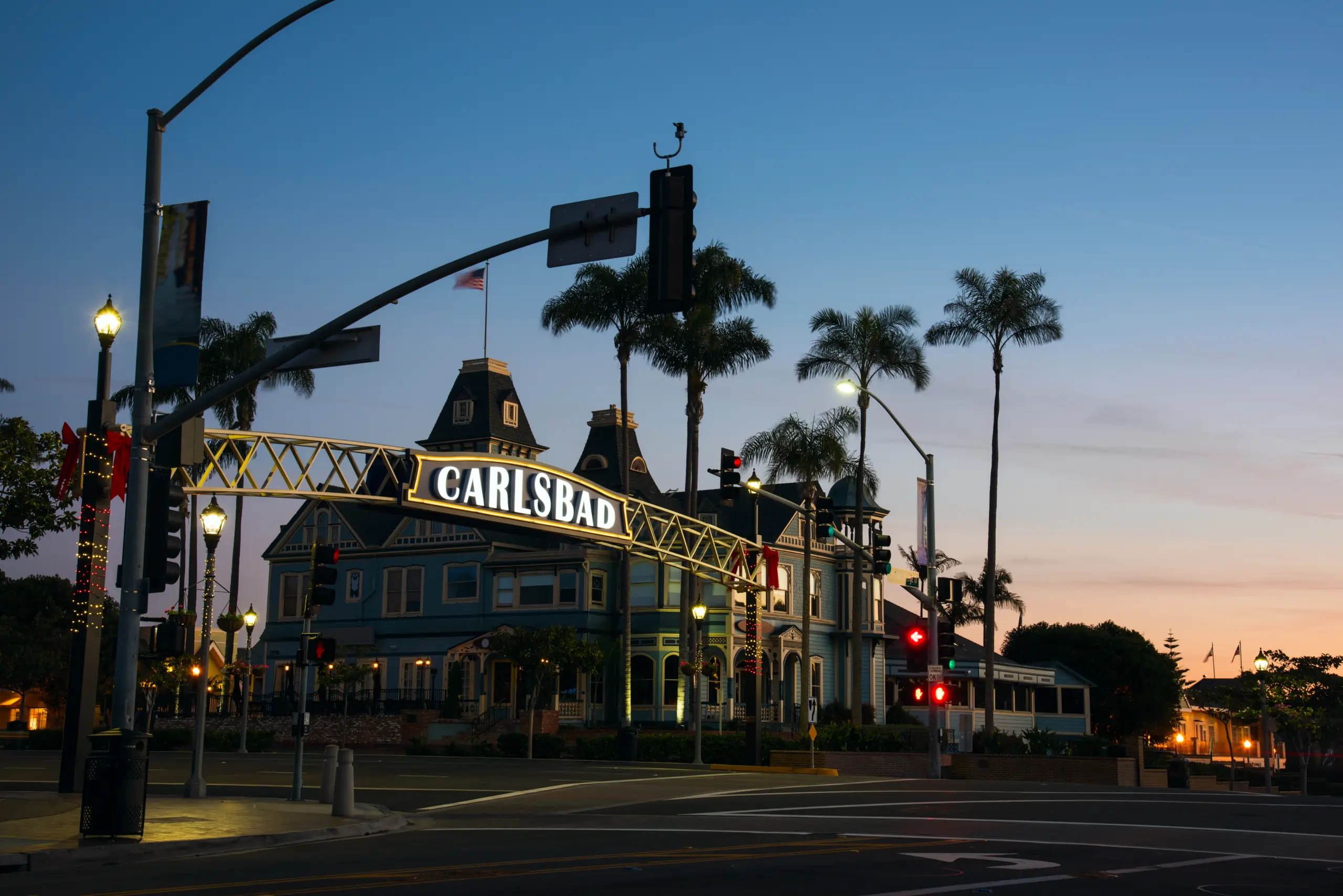 Carlsbad, United States - January 15, 2015: The sign spanning Highway 101 in coastal Carlsbad, California.
