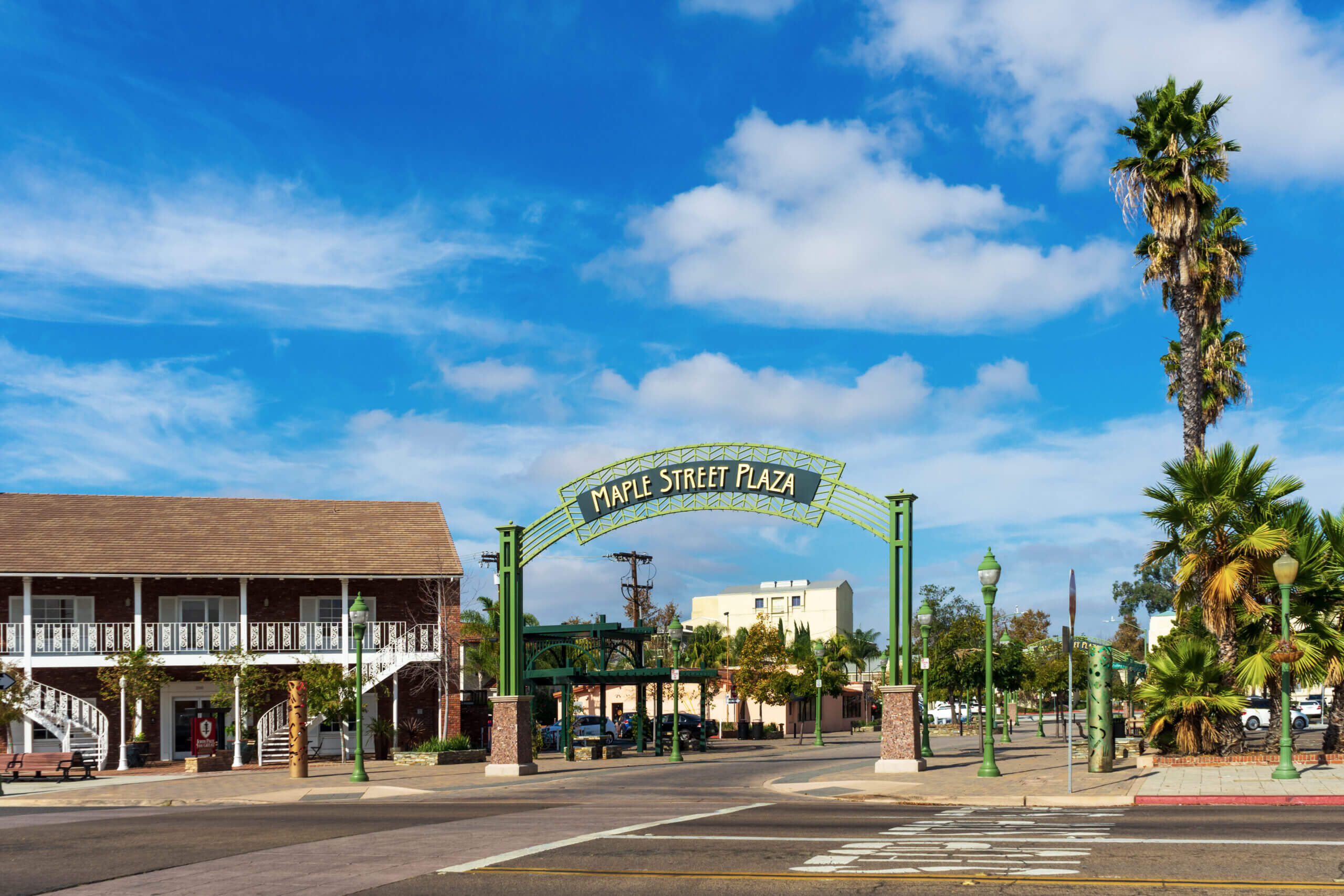 Escondido, CA / USA - November 15, 2019: View of the south entrance to Maple Street Plaza from Grand Ave in Escondido, California.