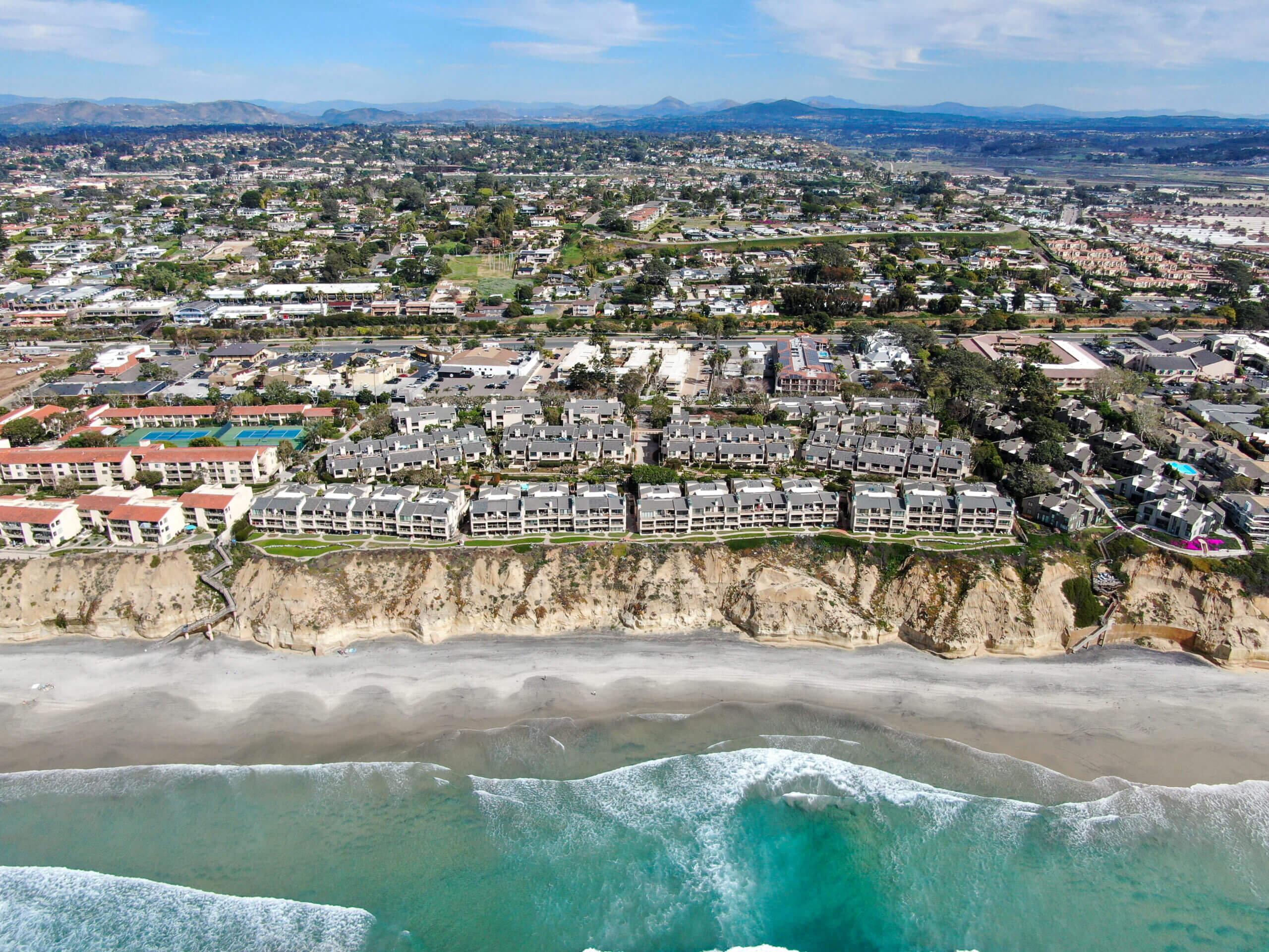 Aerial view of condo community next to the beach and sea in south california. Solana Beach. USA